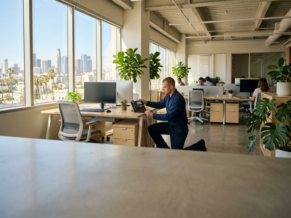 A technician installing a business phone system in a Los Angeles office
