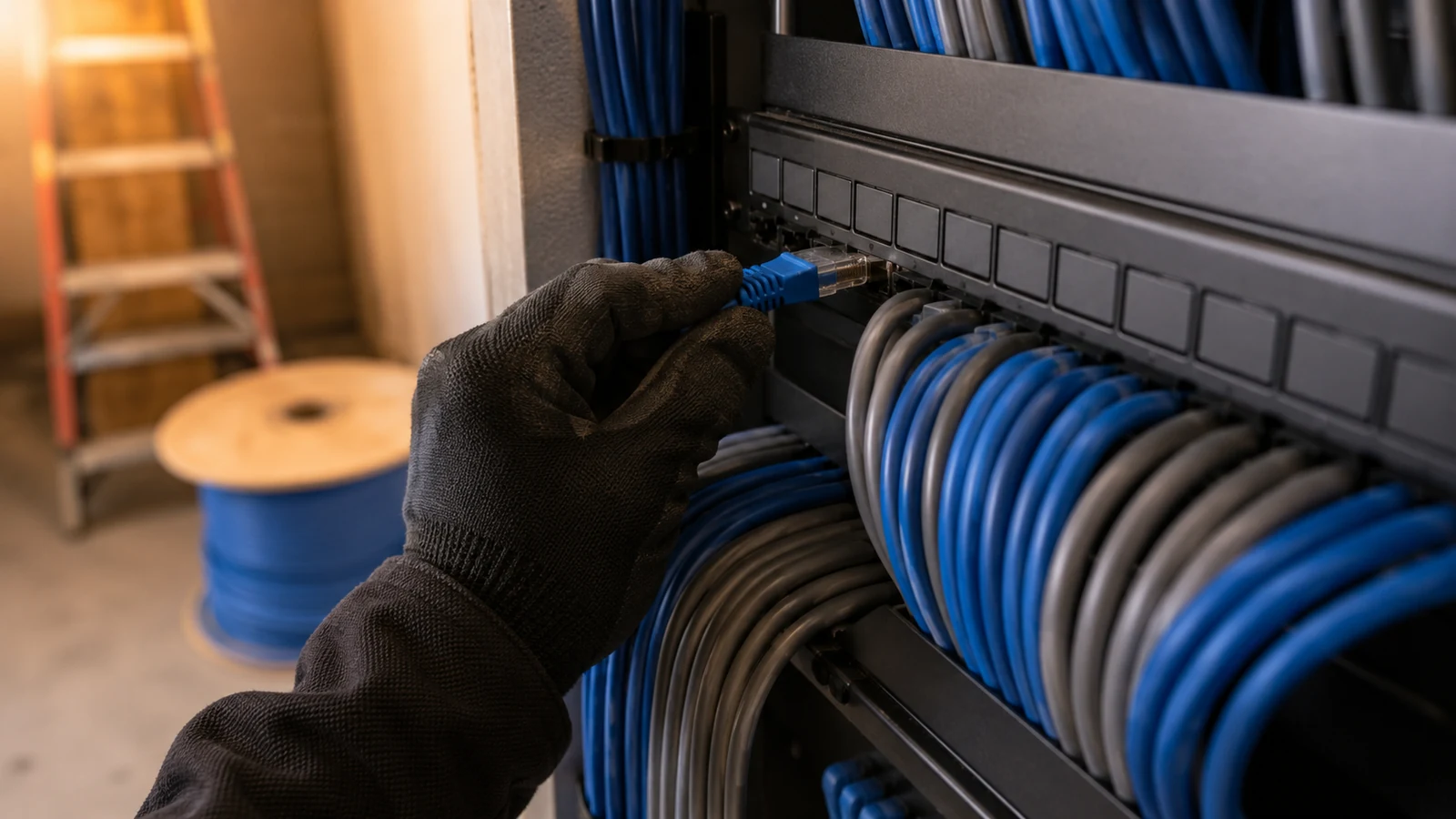 Structured network cabling being installed in a commercial building