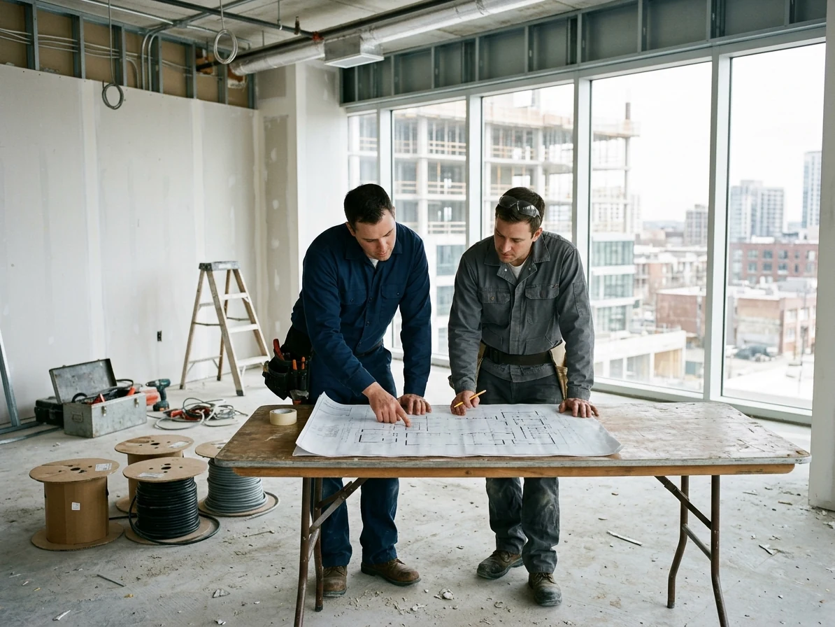 Two technicians reviewing a phone system plan on site