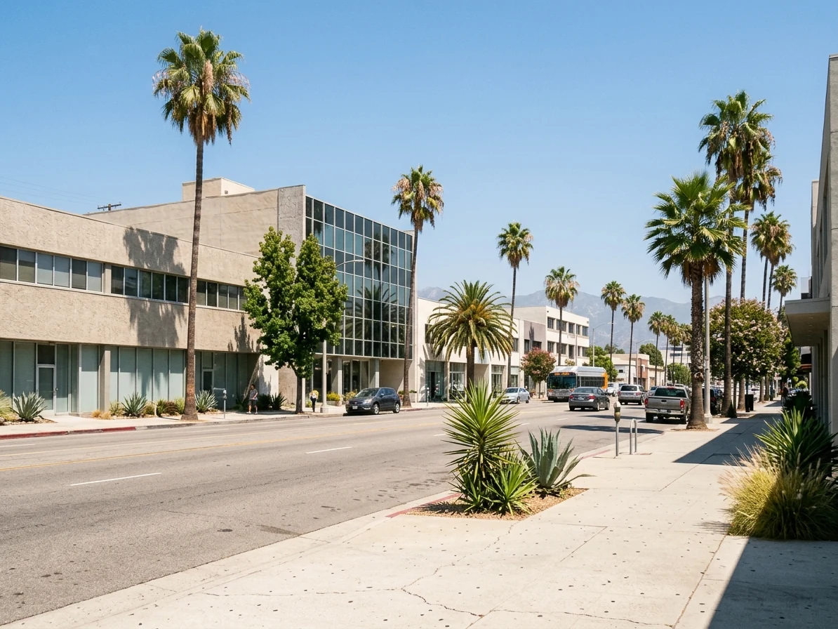 A Los Angeles commercial street of low-rise offices, palms and mountains beyond